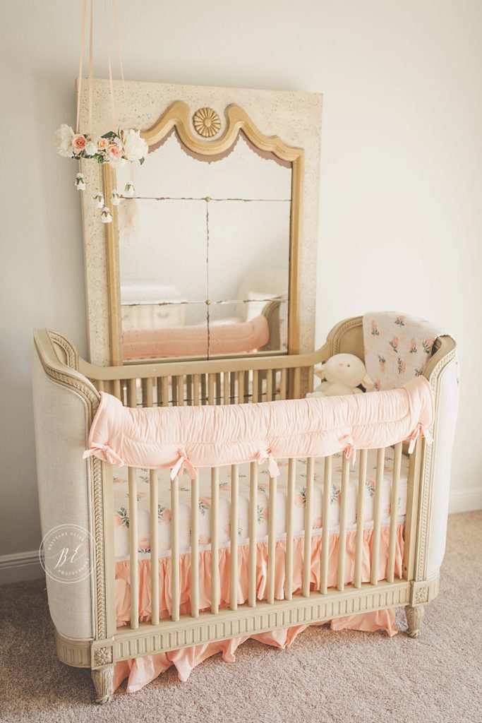 Newborn Lifestyle photography. Peach colored Restoration Hardware Nursery