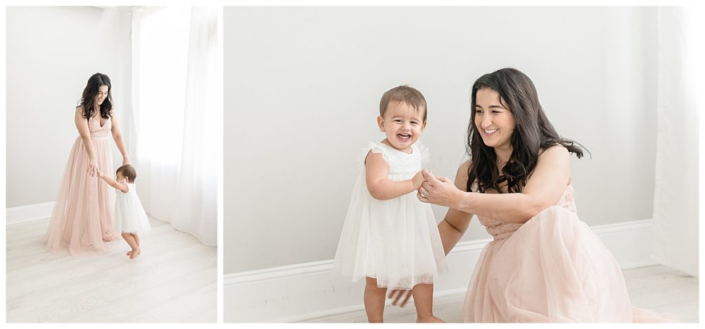 Natural lighting Tampa photographer taking beautiful smile-filled Mommy and Me studio family photo sessions