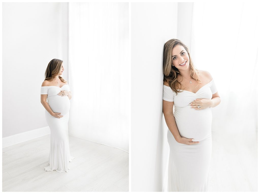 Natural lighting photographer taking Tampa Florida smile-filled studio maternity photos