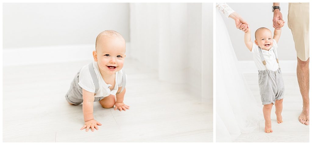 Newborn natural lighting photographer taking Tampa Florida smile-filled simplicity studio family portraits