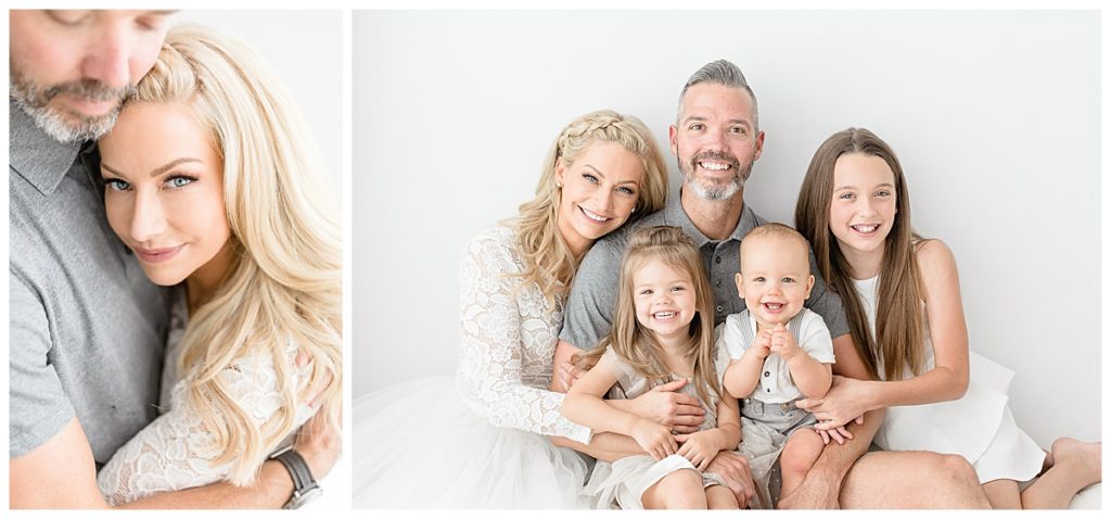 Newborn natural lighting Tampa photographer taking beautiful smile-filled simplicity studio family photos