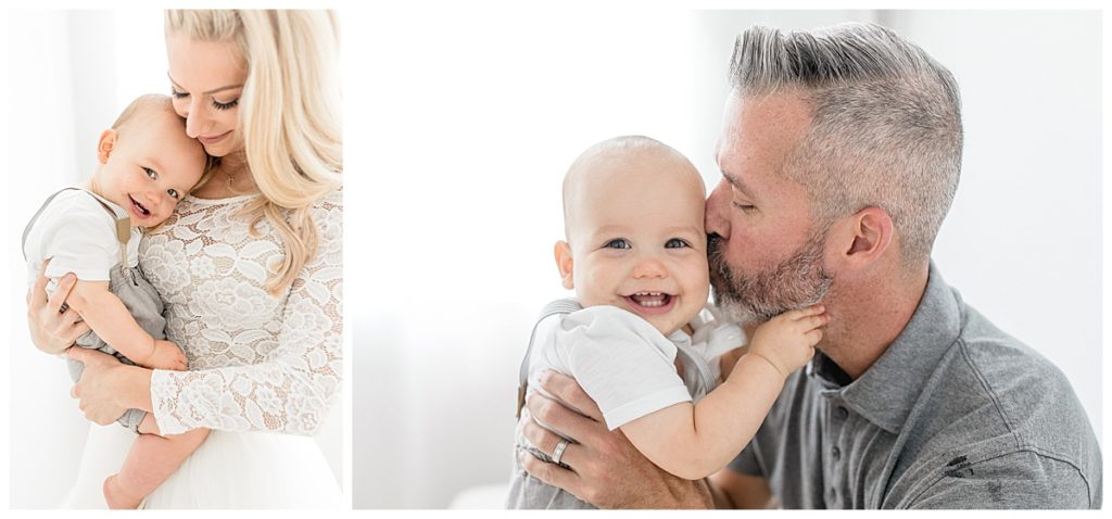 Newborn natural lighting photographer taking Tampa Florida smile-filled simplicity studio family portraits