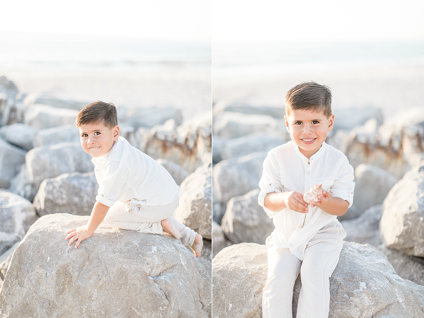 Young boy playing on the rocks by the beach during family photoshoot with Brittany Elise Photography.