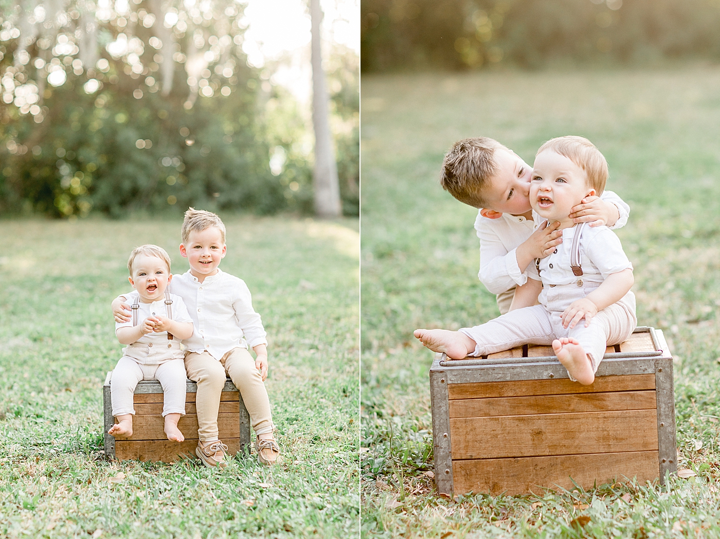 Two brothers sitting on wood crate for youngest brothers birthday photoshoot. Photo by Brittany Elise Photography.