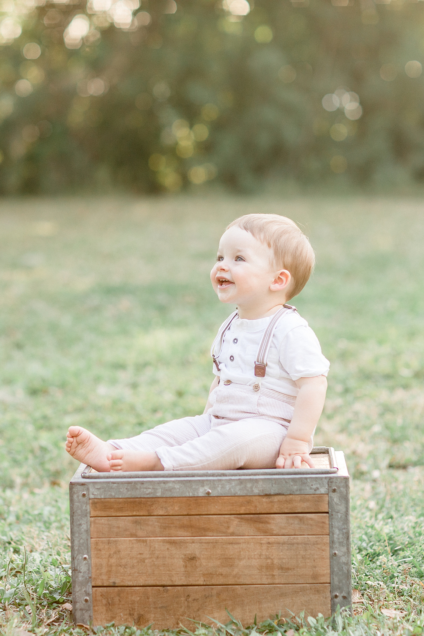 One year old sitting on wood create for first birthday photoshoot Brittany Elise Photography.
