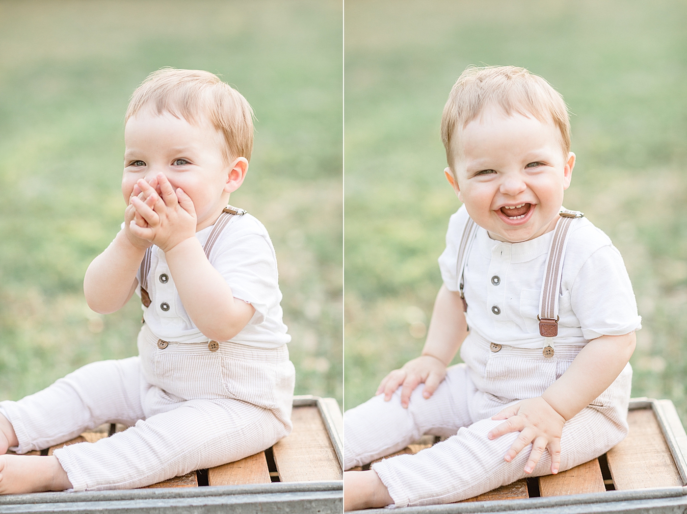 One year old sitting on wood create for first birthday photoshoot Brittany Elise Photography.
