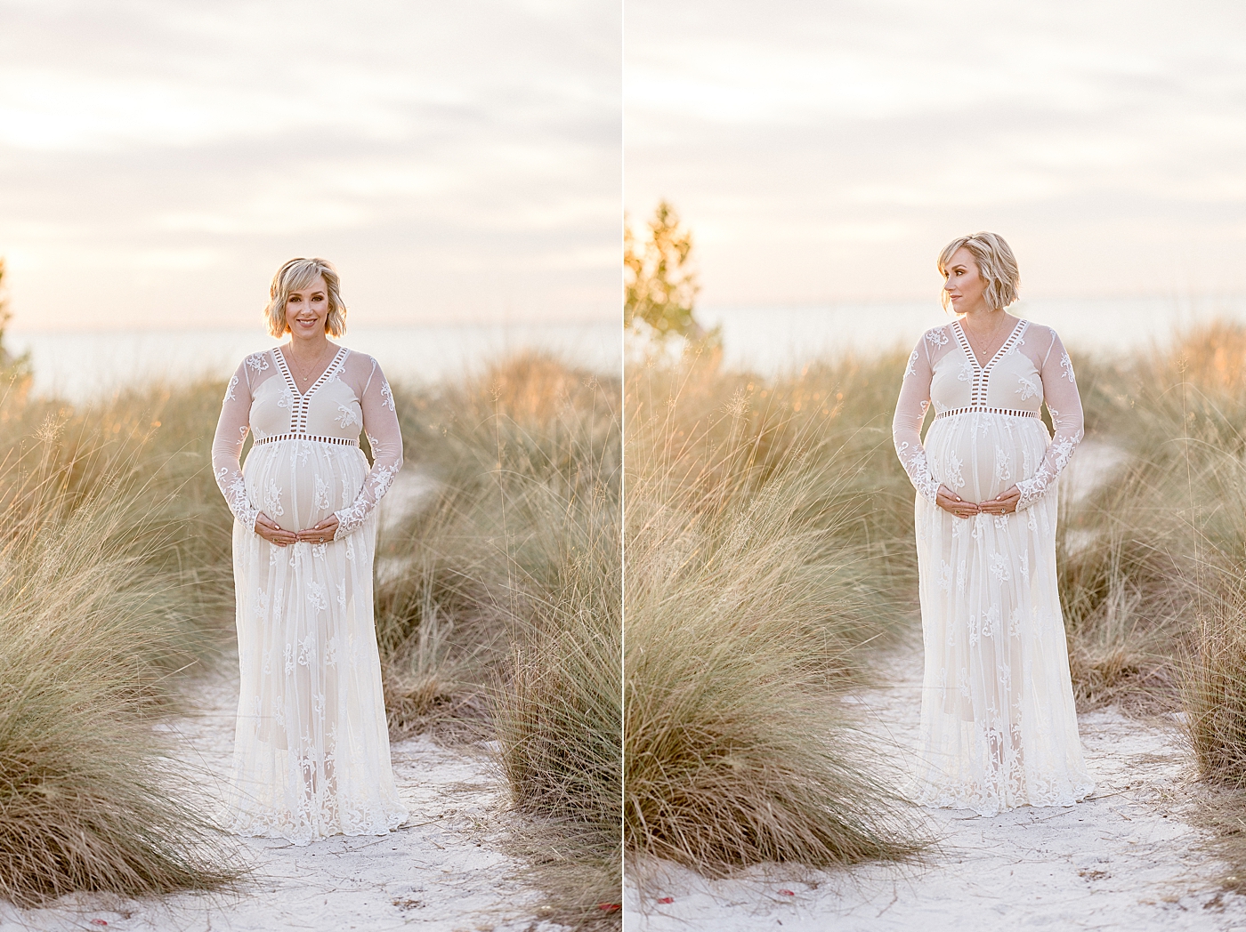 Beautiful pregnant Mom in a white lace dress at sunset at Cypress Point Park. Photo by Brittany Elise Photography.