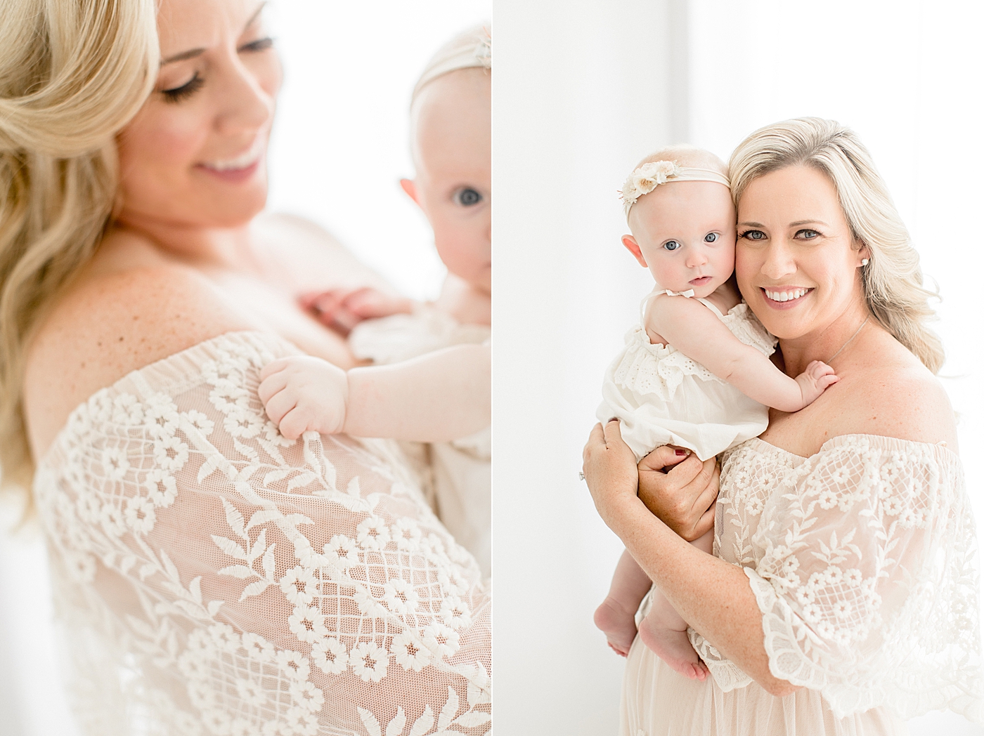 Mom is wearing a lace dress holding her baby girl. Photo by Brittany Elise Photography.