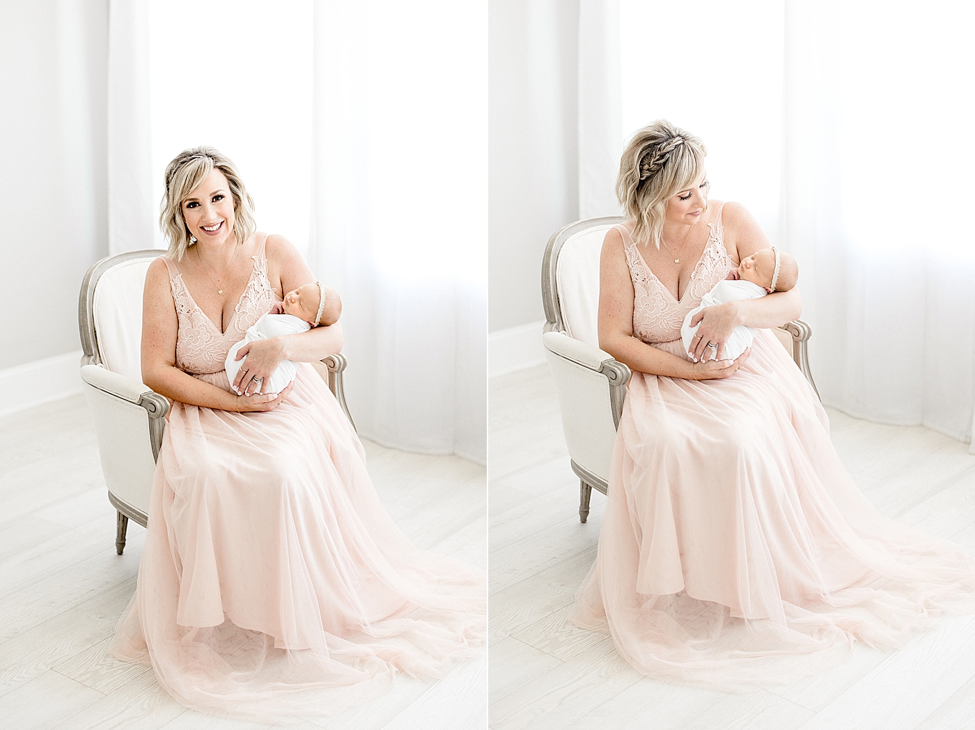 Mom sitting in chair holding newborn baby girl. Photo by Brittany Elise Photography.