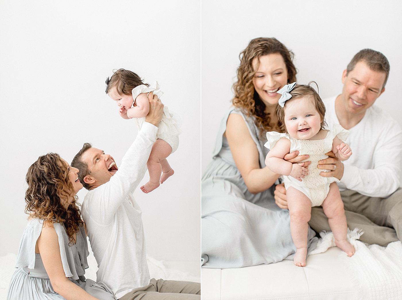 Mom and Dad playing with their daughter during six month milestone photoshoot. Photo by Brittany Elise Photography.