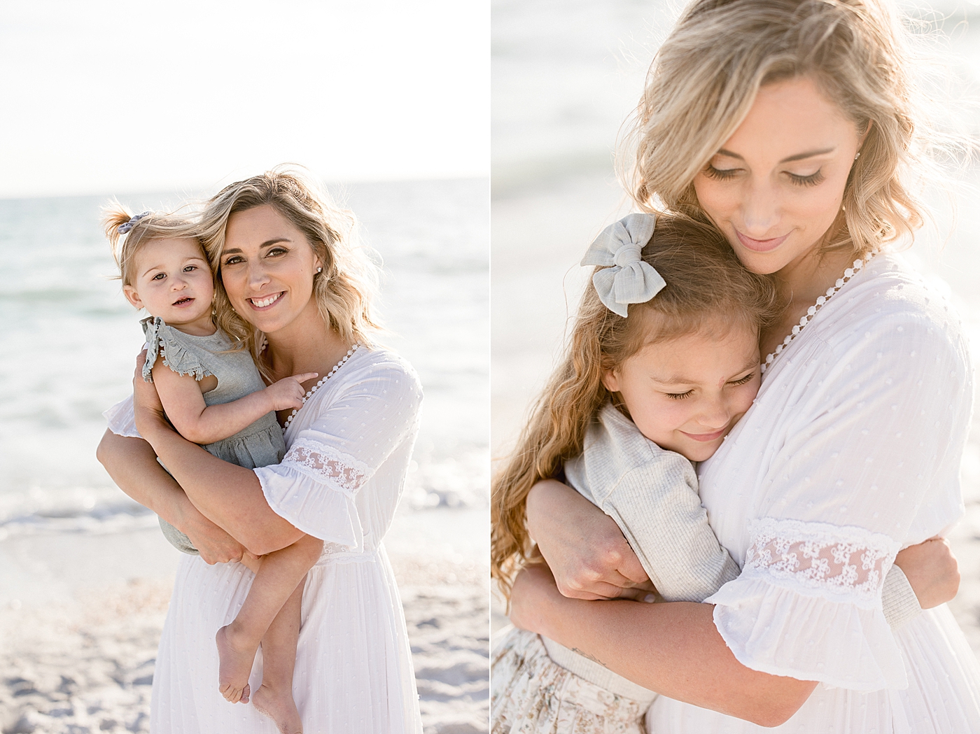 Mom hugging her girls during photoshoot at St. Pete Beach. Photo by Brittany Elise Photography.