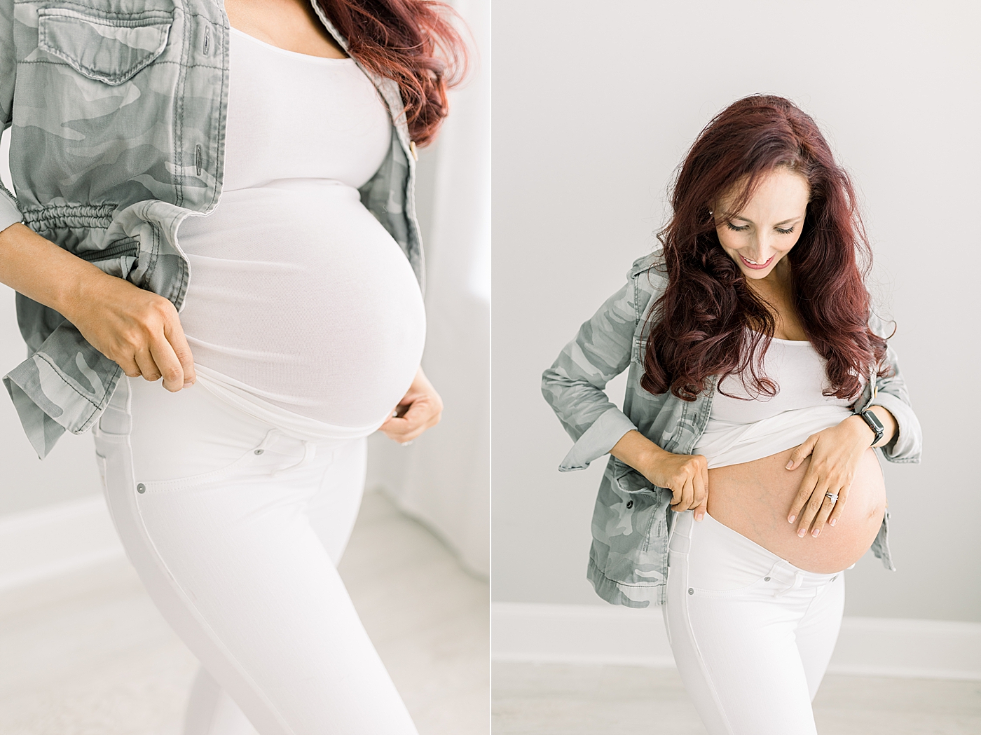 Pregnant mom wearing Abercrombie camo jacket with white Madewell maternity jeans. Photos of Brittany Elise Photography.