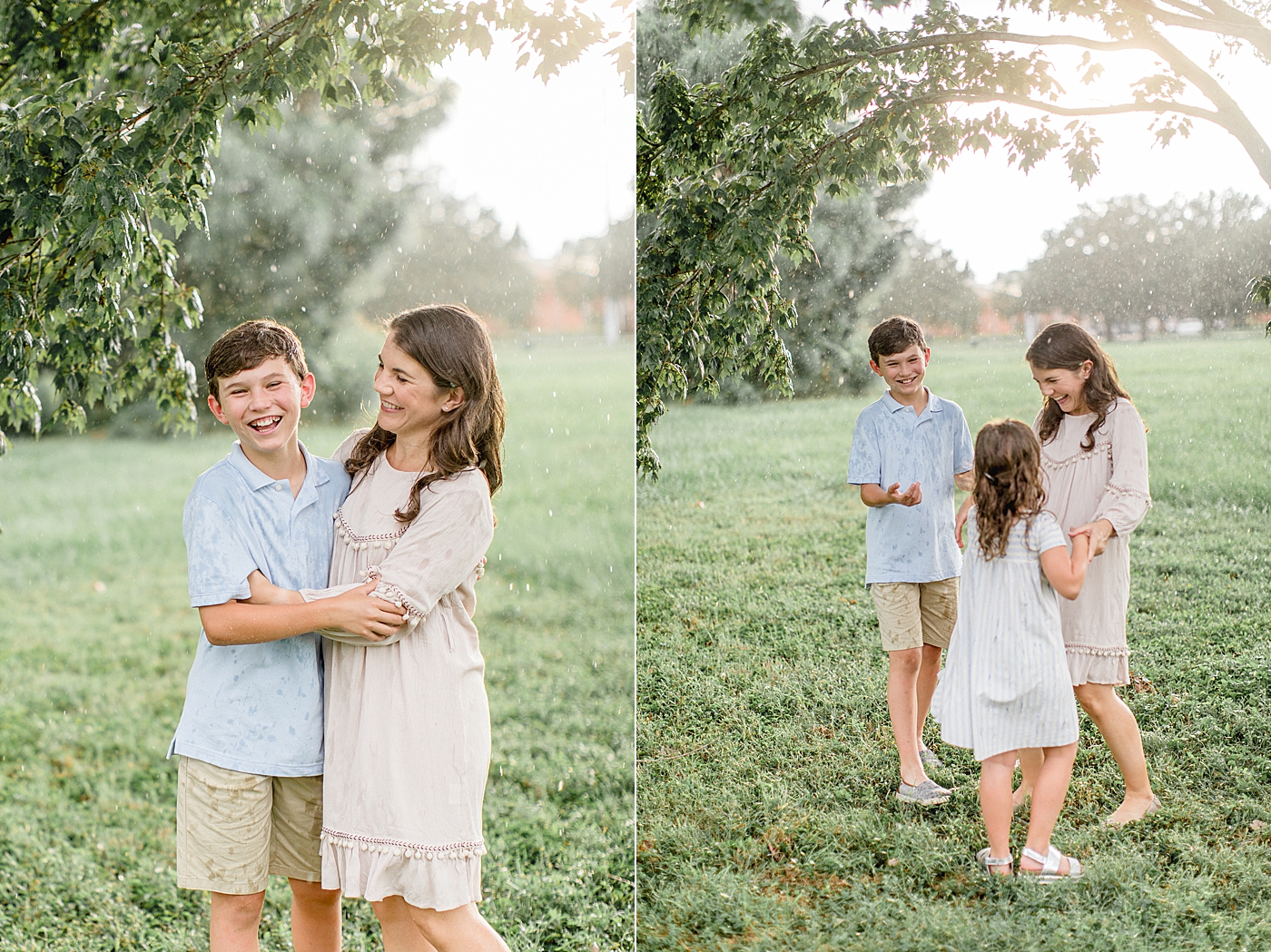 Mom playing with her kids in the rain during photoshoot. Photo by Brittany Elise Photography.