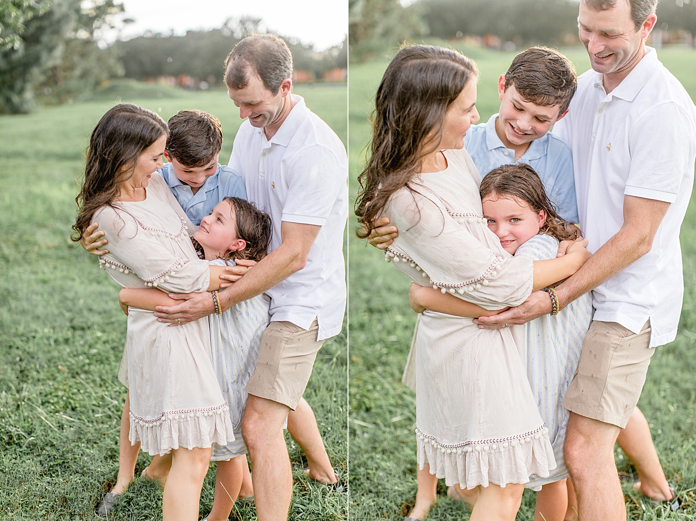 Family hug during photoshoot with rain. Photo by Brittany Elise Photography.
