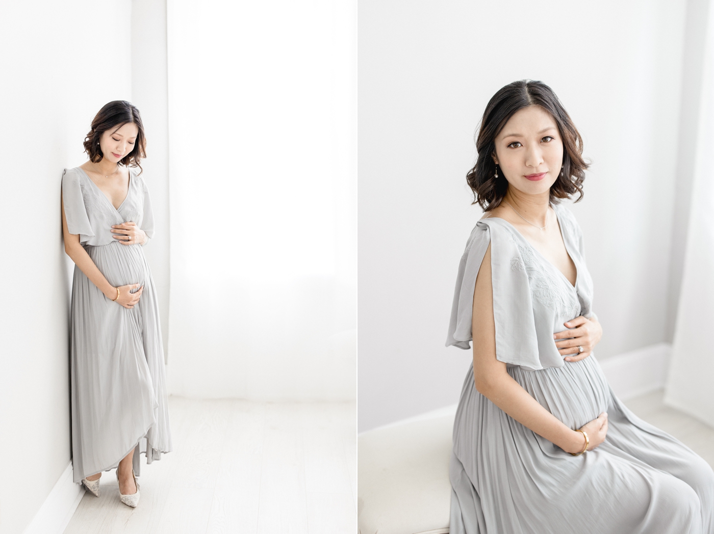 Expecting mom wearing a Free People dress for a studio maternity session with Brittany Elise Photography.