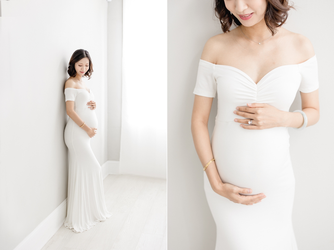 Expecting Mom wearing white fitted dress for a studio maternity session. Photo by Brittany Elise Photography.