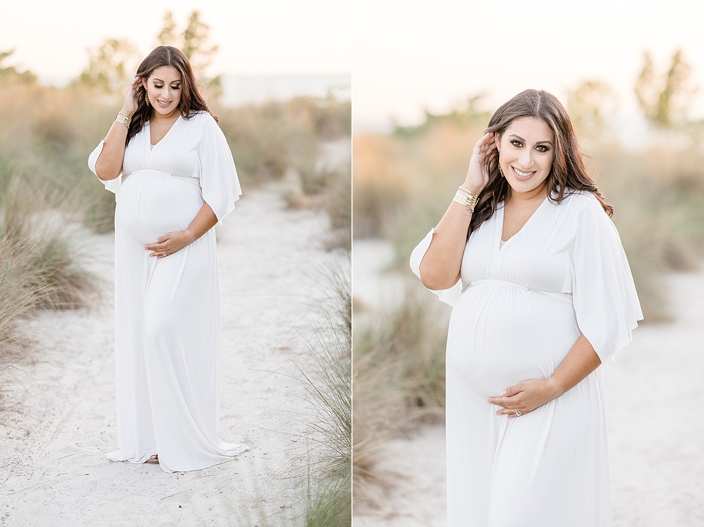Mama-to-be wearing a long white dress for maternity photos with Tampa photographer, Brittany Elise Photography.