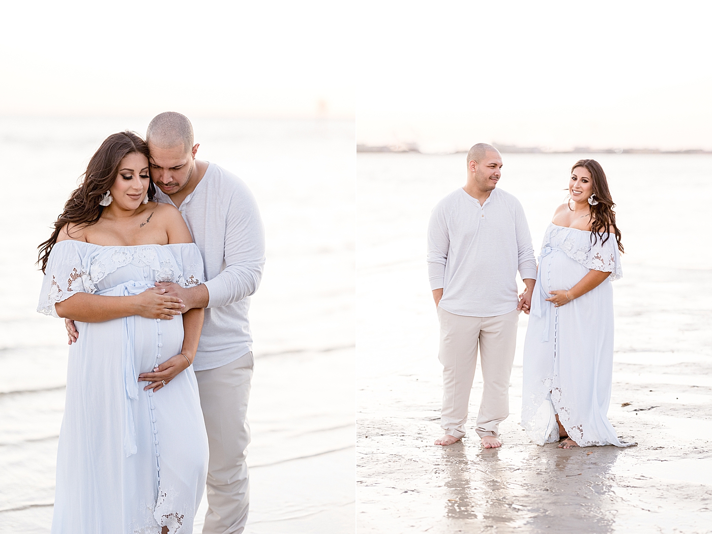 Couple standing in the water for maternity photos at the beach. Photo by Brittany Elise Photography.