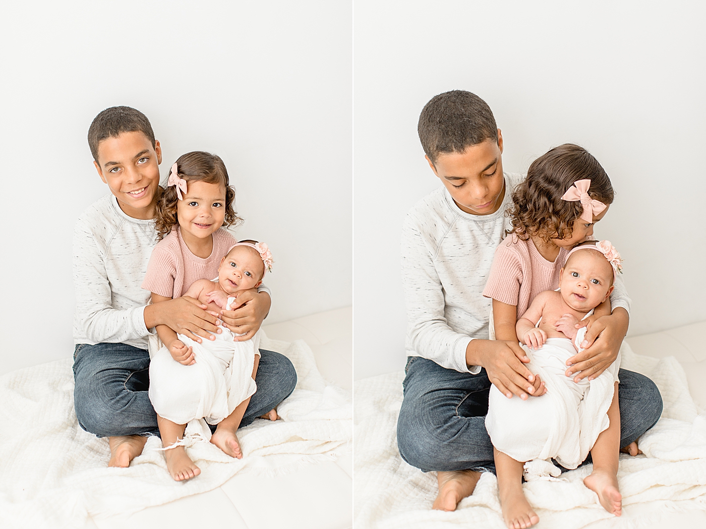 Big brother and big sister with their new baby sister during newborn photos. Photo by Brittany Elise Photography.