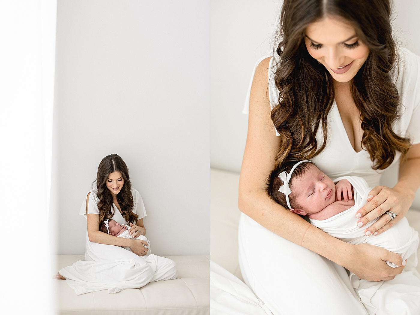 Mom wearing white holding her baby girl swaddled in white. Photos by Brittany Elise Photography.