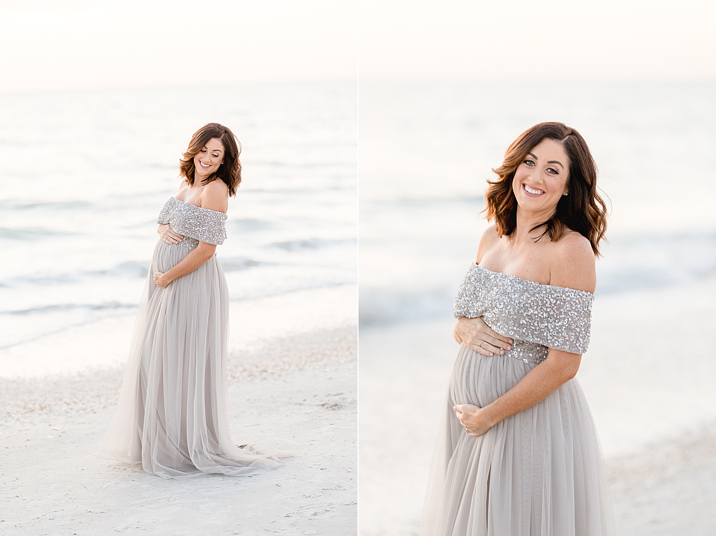 Mom in beaded, tulle dress for maternity photos. Photo by Brittany Elise Photography.