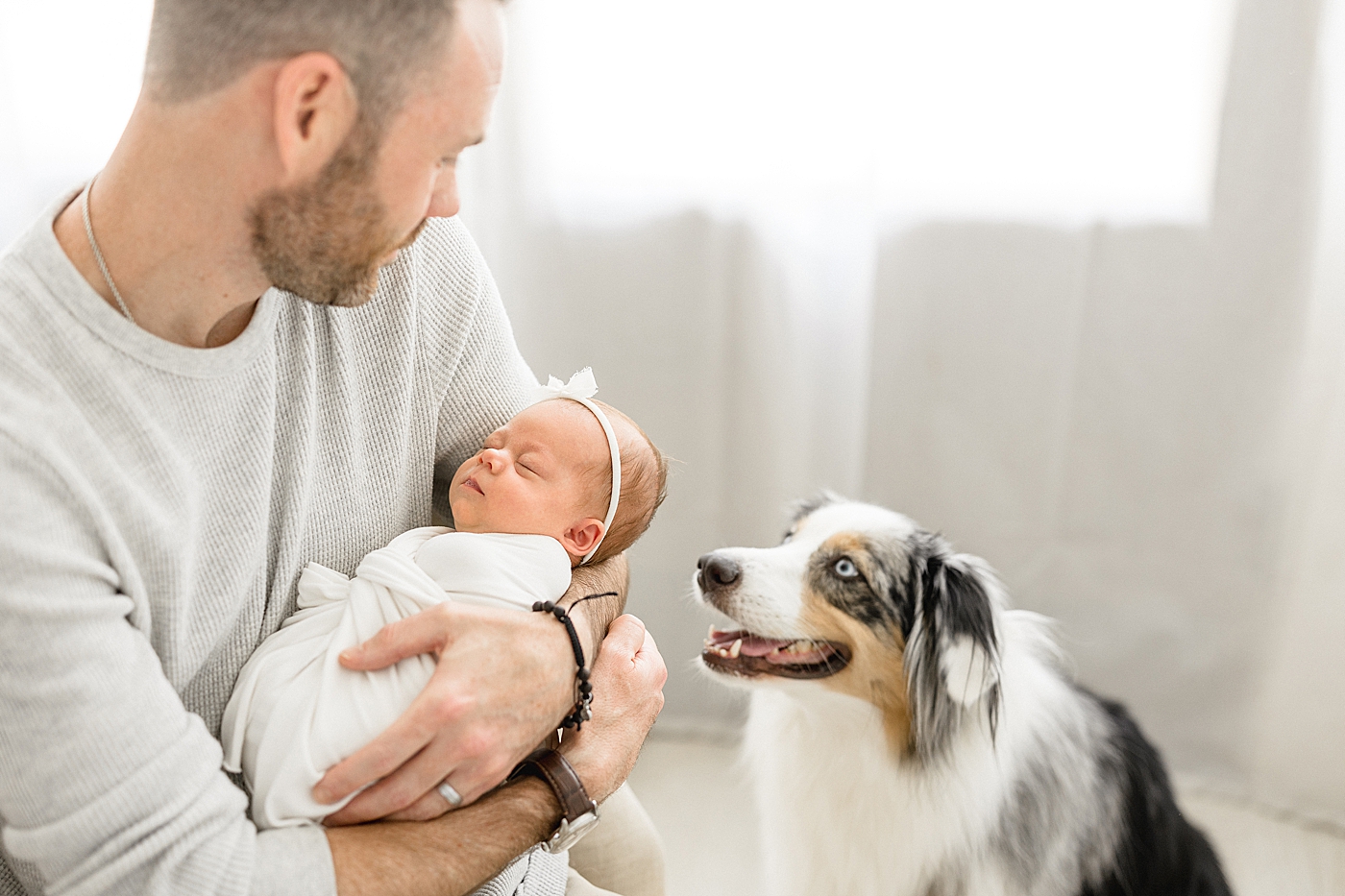 Dad holding daughter with dog looking at them. Photo by Brittany Elise Photography.