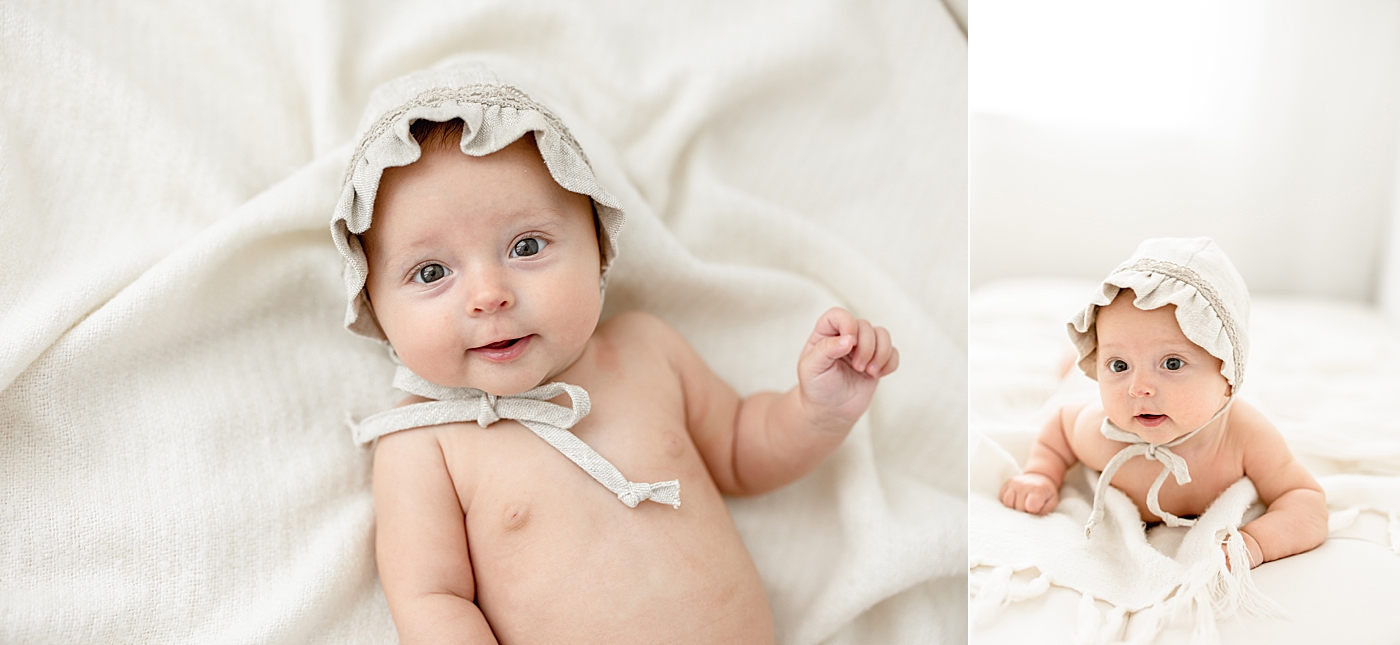 3 month milestone photos of baby girl in bonnet. Photo by Brittany Elise Photography.