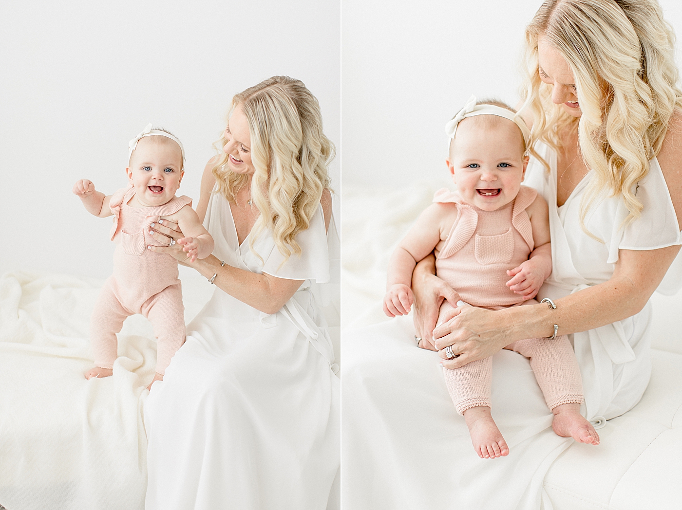 Mom sitting and playing with nine month old baby girl. Photo by Brittany Elise Photography.