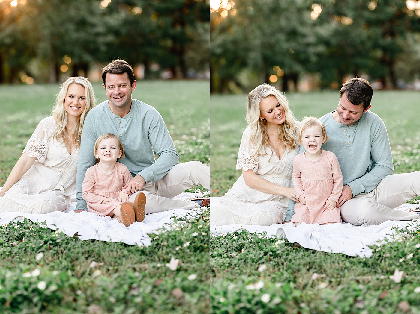 Mom, Dad and two year old daughter sitting on blanket for photos with Brittany Elise Photography.