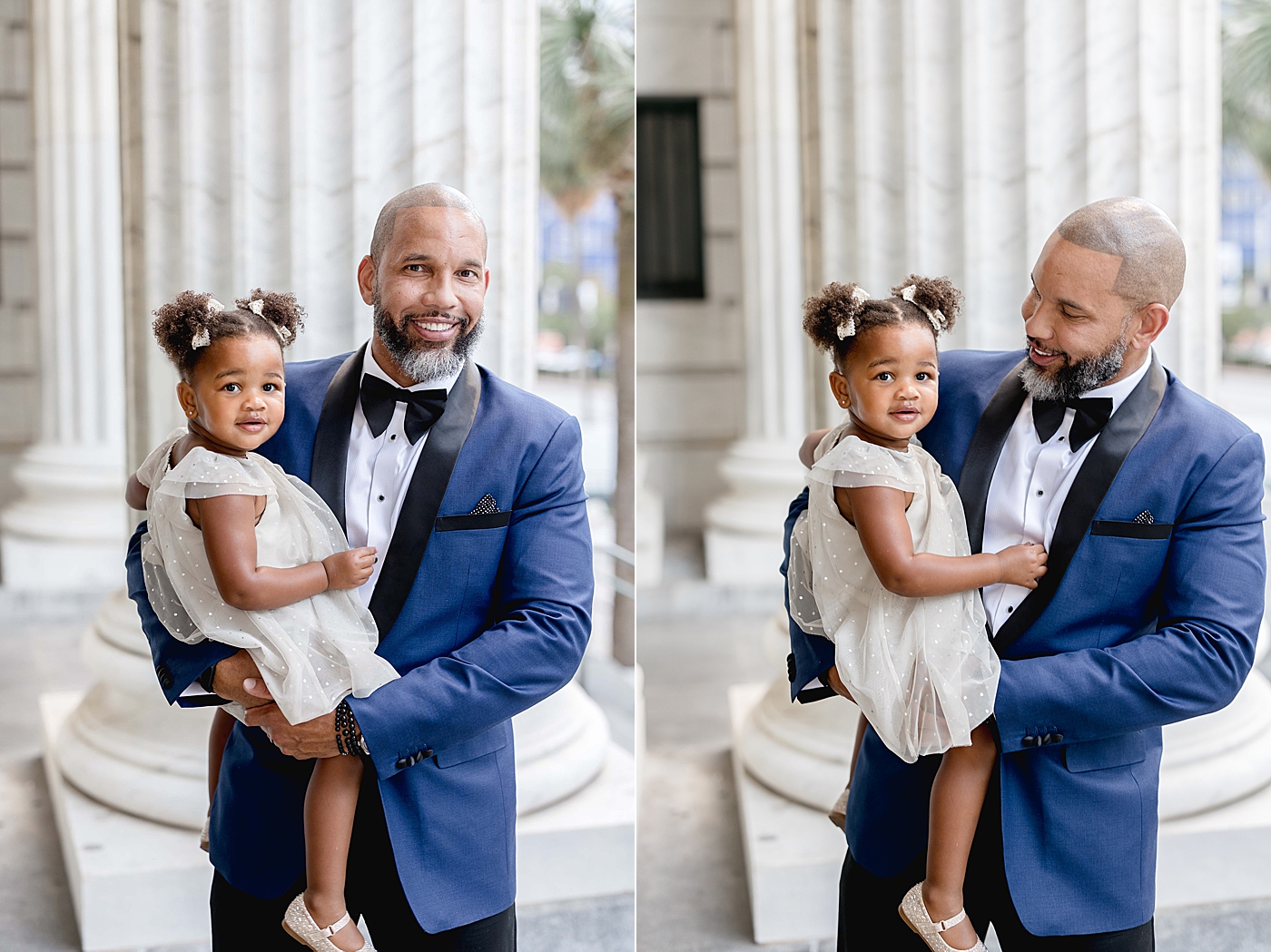 Dad dressed up for photos with two year old daughter. Photos by Brittany Elise Photography.