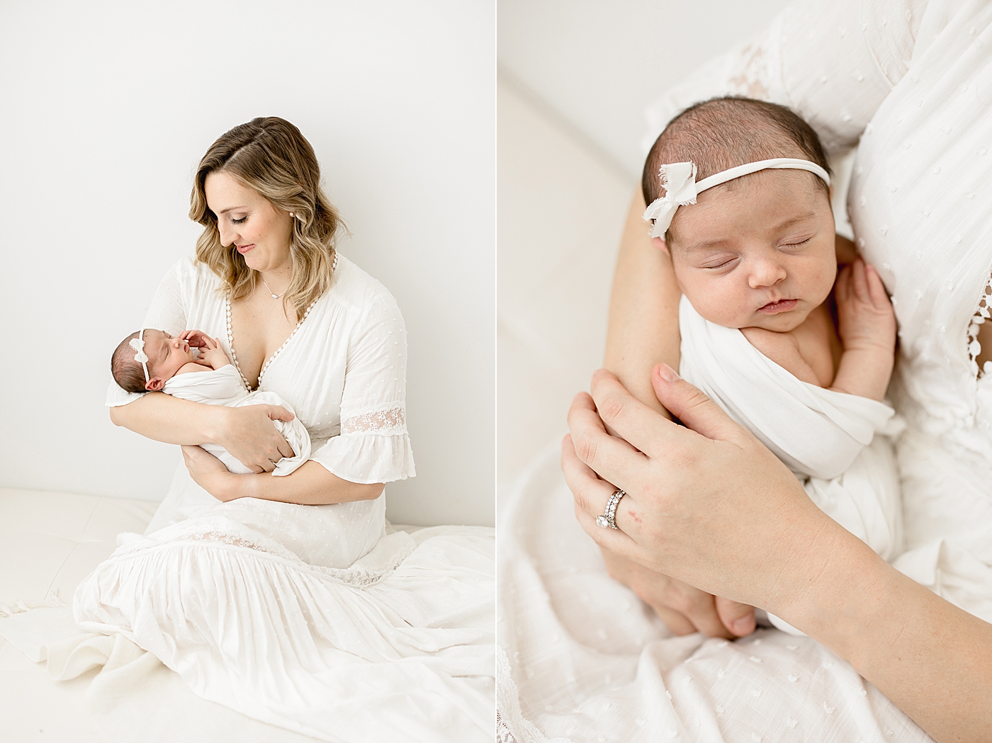 Mom with baby girl. Both are wearing white. Photo by Brittany Elise Photography.